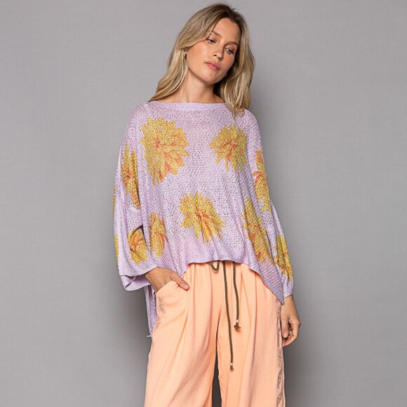 POL Sweaters - POL LILAC Round Neck Flower Print Solid Light Weight Sweater Top